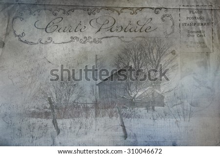 Winter scenery, wooden barn, Old post card, vintage, grunge