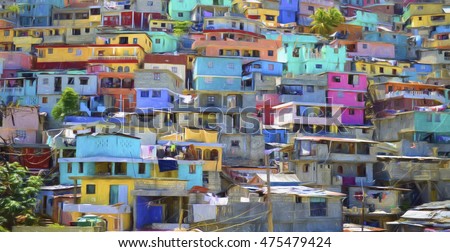 Digital art, paint effect, Housing stacked up a hillside in Port-Au-Prince, Haiti.