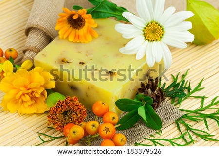 Macro view of natural soap, berries and flowers on the mat
