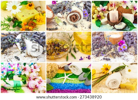Spa set with aroma oil, sea salt, flowers, lavender, plants, towel, soap, stones, bamboo, candle, mat