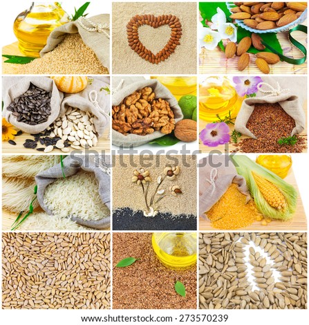 Healthy food: sesame, sunflower, pumpkin, flax seeds, vegetable oil, rise, nut, corn, collage, set