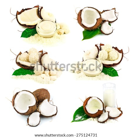 Coconut, coconut candy, cream, glass of coconut milk, green leaf isolated on white background, set