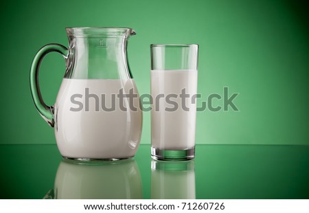 jug and glass with milk on green background