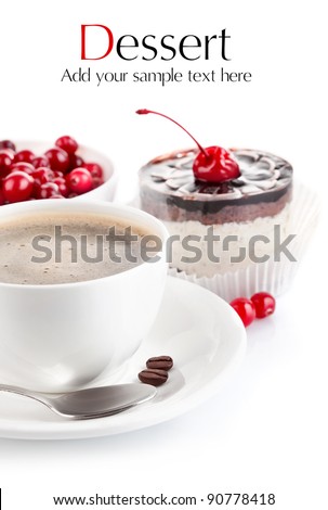 coffee with chocolate cake isolated on white background