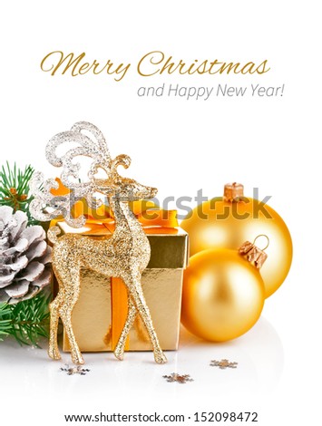 gold deer with branch firtree and gift isolated on white background