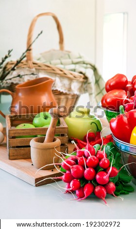 Fresh vegetables in basket on table kitchen