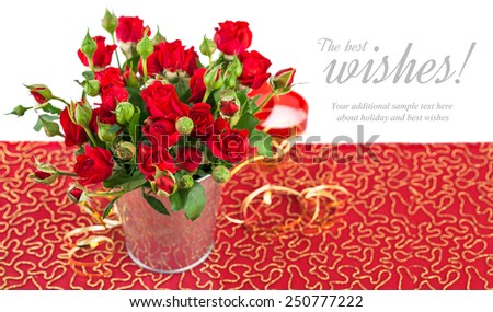 Bunch red roses in bucket postcard. Isolated on white background