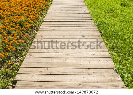 Old wooden road perspective through green grass one side and orange marigolds other side