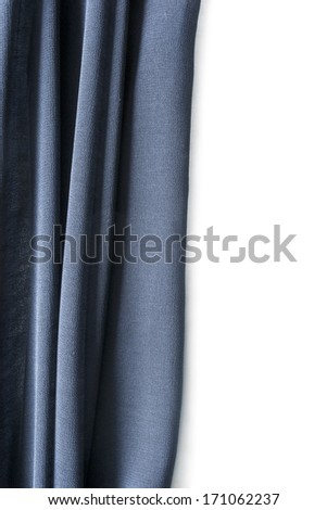 Part of opened blue cotton curtain on white background
