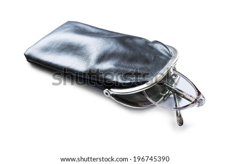 Eyeglasses with plastic frame in black leather case isolated over white