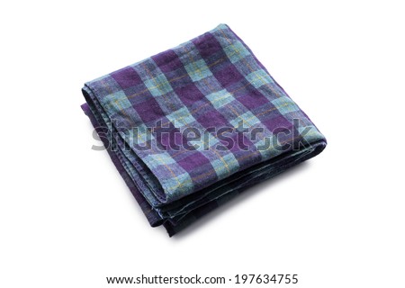 Folded squared blue handkerchief on white background