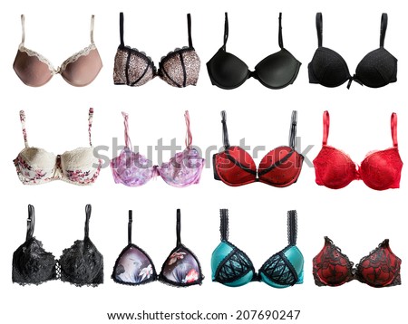 Set of different push up bras isolated over white