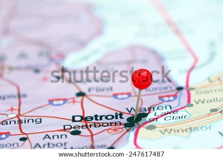 Detroit pinned on a map of USA