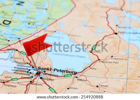 Saint Petersburg pinned on a map of europe