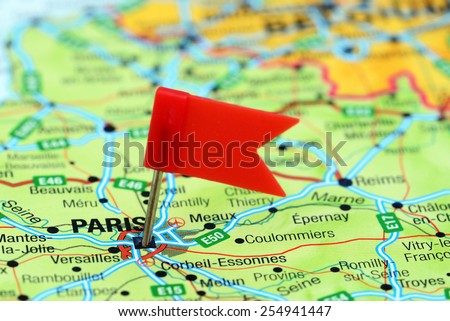 Paris pinned on a map of europe