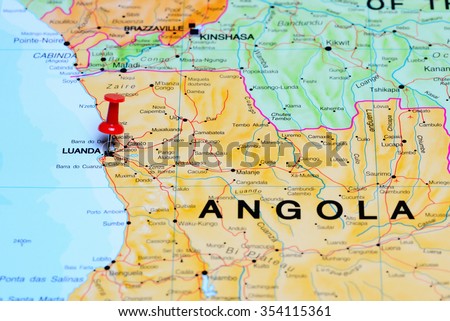 Luanda pinned on a map of Africa