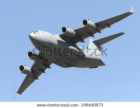 KECSKEMET, HUNGARY - AUGUST 3: Hungarian army cargo plane C-17 performs at airshow August 3, 2013 in Kecskemet