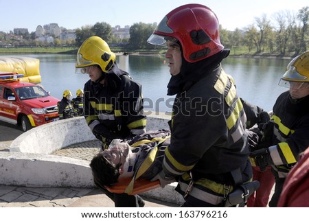 BELGRADE, SERBIA - NOVEMBER 6, 2013: Serbian firefighters practices search and rescue operations, November 6 2013 in Belgrade.