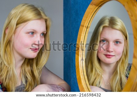 Blonde dutch girl looking in mirror