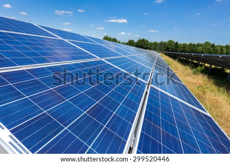 Close up of blue solar panels on ground in long straight line
