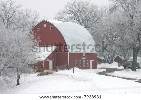 Red Barn on a Foggy winter morning