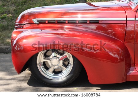 Closeup of a Low-rider custom Hot Rod Wheel and Fender