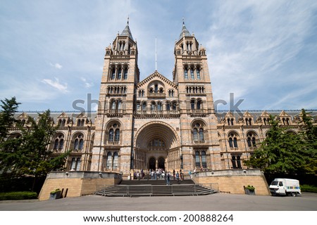 LONDON, UNITED KINGDOM - JUNE 22; Natural History Museum interior in London, United Kingdom - June 22, 2014; Famous London Natural History Museum big hall interior with tourists visitors