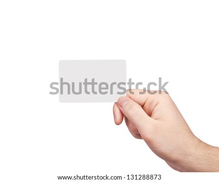 Man's hand with a blank card isolated on white  background.