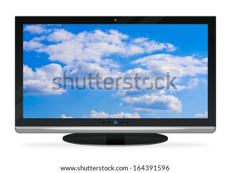 Wide-screen monitor with cloudy sky image on screen. Isolated on white background.