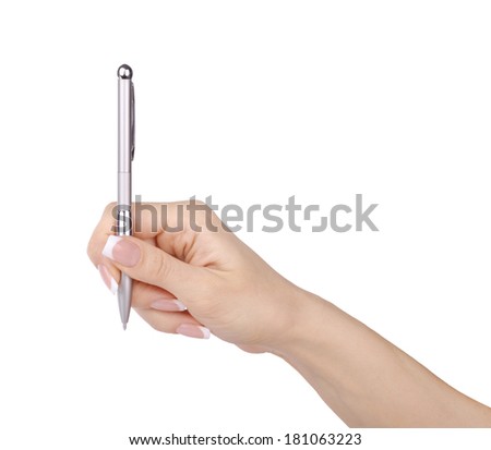 Pen in woman hand isolated on a white background.