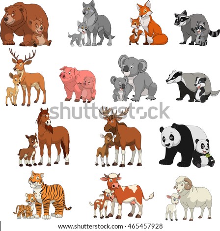 Vector illustration set of funny exotic animals, children and parents