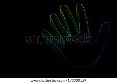 Neon outline of the hand on a black background