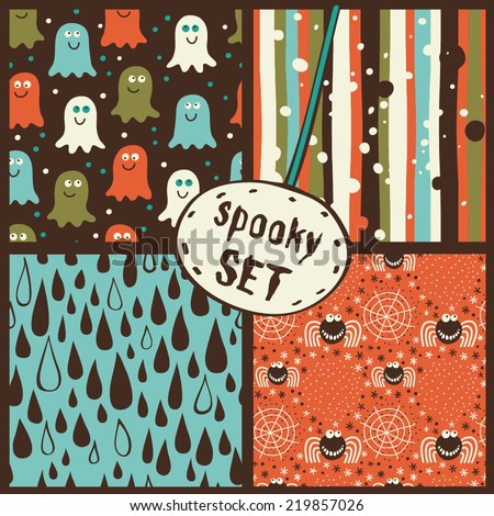 Set for your design for the holiday Halloween. 4 seamless background with spiders, ghosts, drops and stripes.