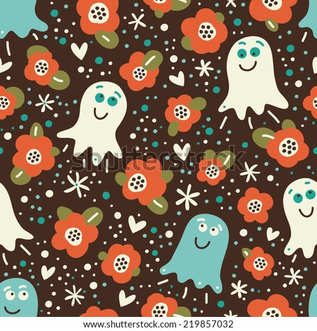 Cute pattern with ghosts and flowers. Seamless vector background for the holiday Halloween.