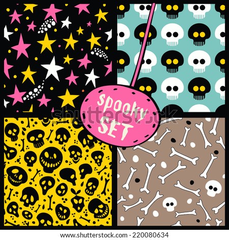 Set for your design for the holiday Halloween. 4 seamless pattern with skulls, crossbones, stars and monsters.