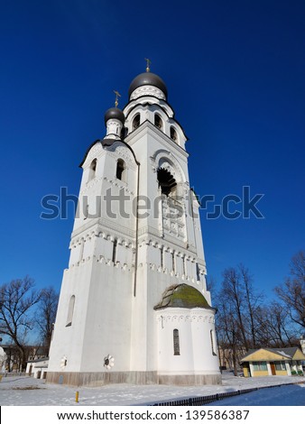 MOSCOW - FEBRUARY 26: Old Believer church bell tower of the Assumption of the Mother of God, Rogozhskaya Sloboda, February 26, 2013 in Moscow. The height of the bell tower of 80 meters.