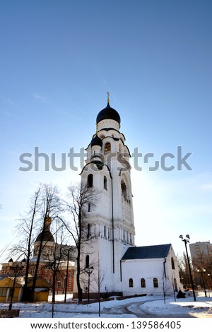 MOSCOW - FEBRUARY 26: Old Believer church bell tower of the Assumption of the Mother of God, Rogozhskaya Sloboda, February 26, 2013 in Moscow. The height of the bell tower of 80 meters.