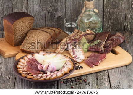 dried fat and meat tasty still life beer set