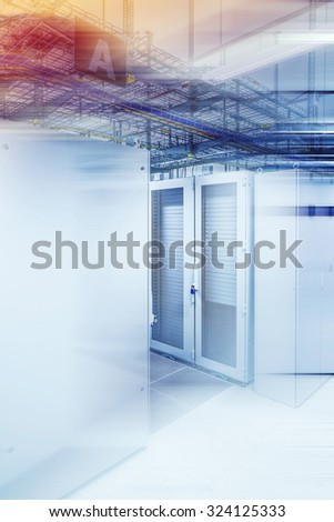 Network server for digital communications and internet.Futuristic data room center/High tech network data security center