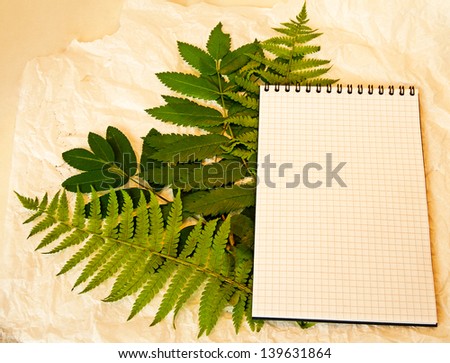 Squared notebook on the green leaves and crumpled paper background