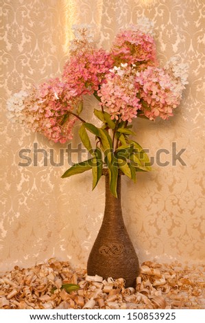 white and pink hydrangea bouquet still life