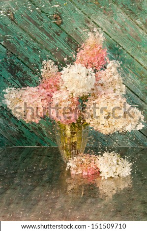 wet still life with pink hydrangea bouquet  through wet glass