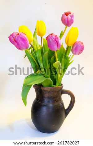 Bouquet of pink and yellow tulips in an old clay pot, isolated on a white background