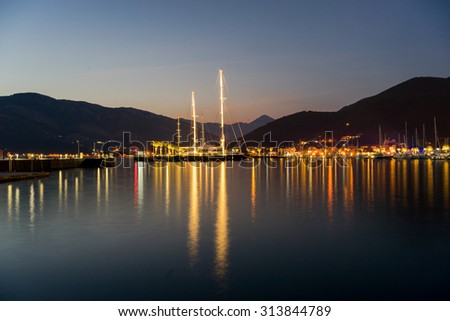 Sailing boats and yachts in marina at night. Tivat. Montenegro