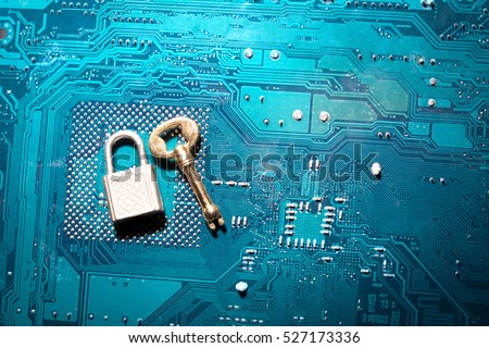 a security lock on a computer circuit board with unsuitable for the size key, random password hacking concept