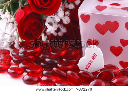 Heart covered take out box with red roses, red glass pebbles and white kiss me heart