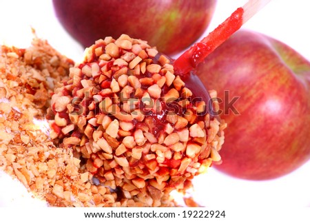 candy apple coated with chopped nuts with two plain apples in the background