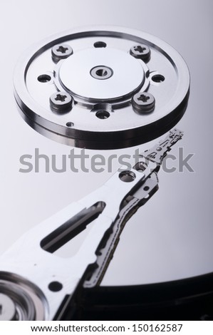Opened hard disk drive. Close-up.