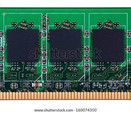 Part of PC RAM memory module. Close-up. Isolated on white background.