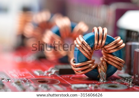 PCB with electronic components. Shallow DOF.